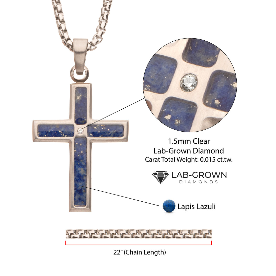 Matte Finish Stainless Steel Lapis Lazuli Stone Inlay with Lab-Grown Diamond Cross Pendant