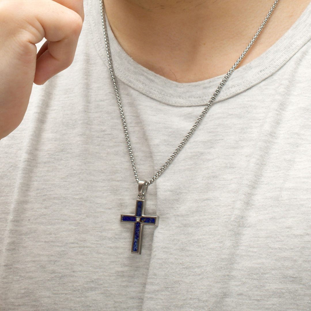 Matte Finish Stainless Steel Lapis Lazuli Stone Inlay with Lab-Grown Diamond Cross Pendant