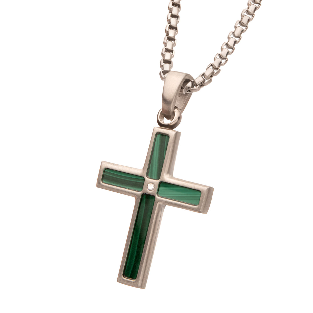 Matte Finish Stainless Steel Malachite Stone Inlay with Lab-Grown Diamond Cross Pendant