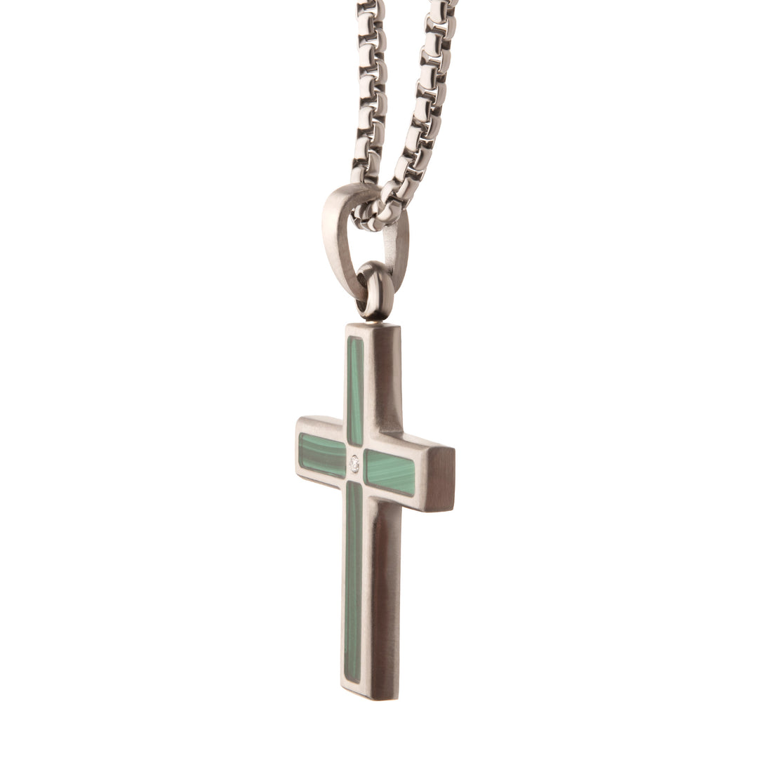 Matte Finish Stainless Steel Malachite Stone Inlay with Lab-Grown Diamond Cross Pendant