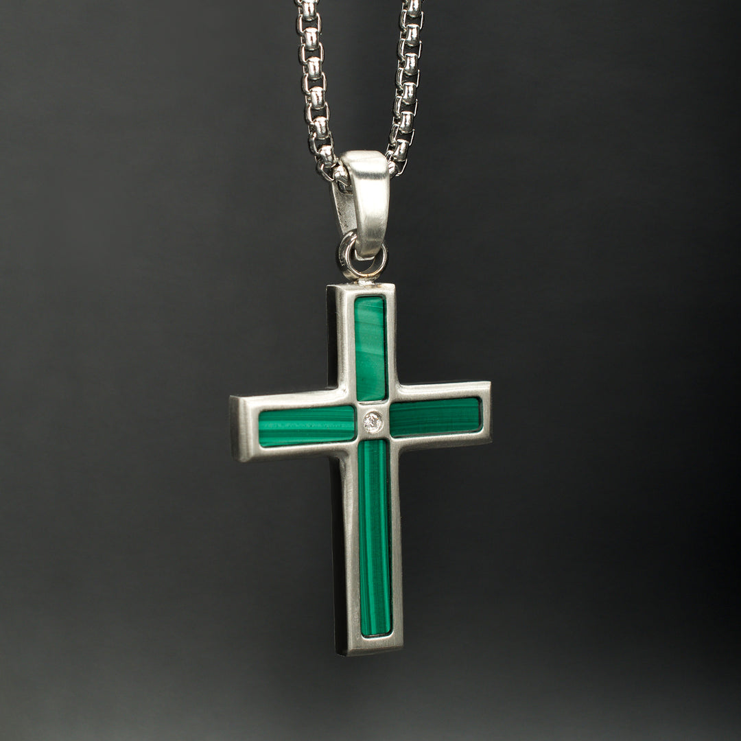 Matte Finish Stainless Steel Malachite Stone Inlay with Lab-Grown Diamond Cross Pendant