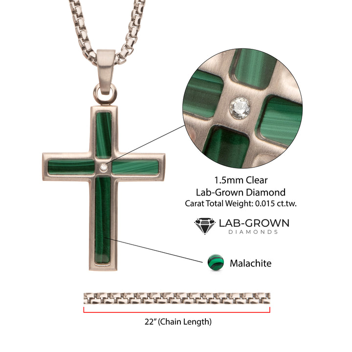 Matte Finish Stainless Steel Malachite Stone Inlay with Lab-Grown Diamond Cross Pendant