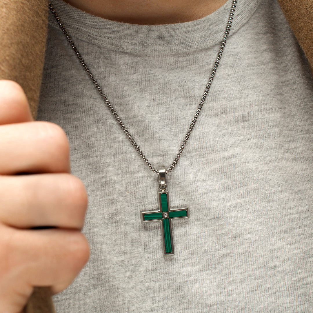 Matte Finish Stainless Steel Malachite Stone Inlay with Lab-Grown Diamond Cross Pendant