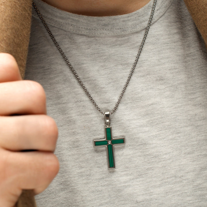 Matte Finish Stainless Steel Malachite Stone Inlay with Lab-Grown Diamond Cross Pendant