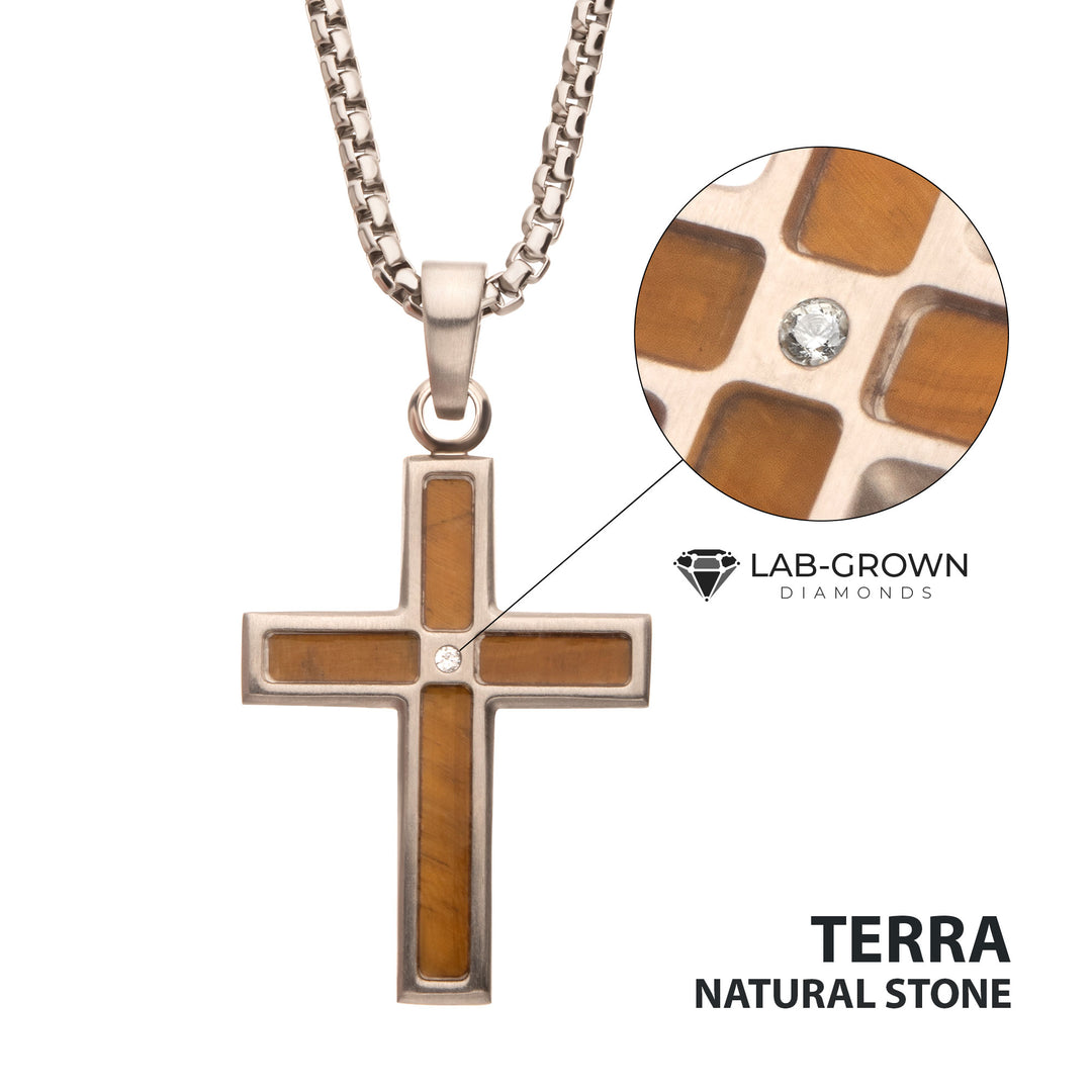 Matte Finish Stainless Steel Tiger Eye Stone Inlay with Lab-Grown Diamond Cross Pendant