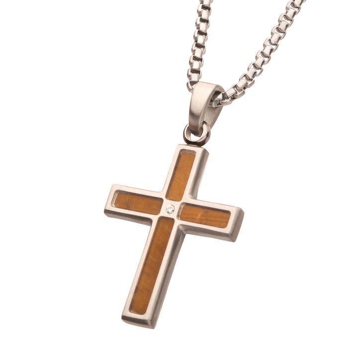 Matte Finish Stainless Steel Tiger Eye Stone Inlay with Lab-Grown Diamond Cross Pendant