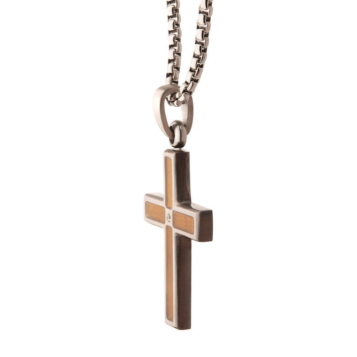 Matte Finish Stainless Steel Tiger Eye Stone Inlay with Lab-Grown Diamond Cross Pendant