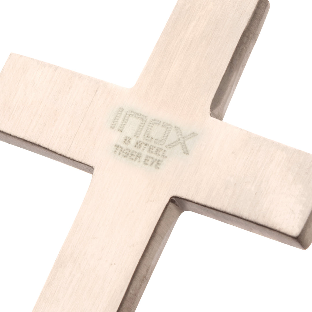 Matte Finish Stainless Steel Tiger Eye Stone Inlay with Lab-Grown Diamond Cross Pendant