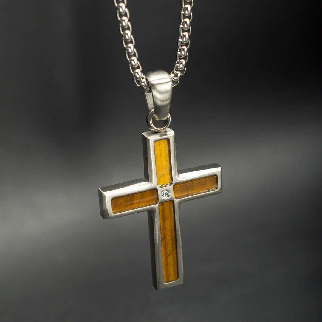 Matte Finish Stainless Steel Tiger Eye Stone Inlay with Lab-Grown Diamond Cross Pendant