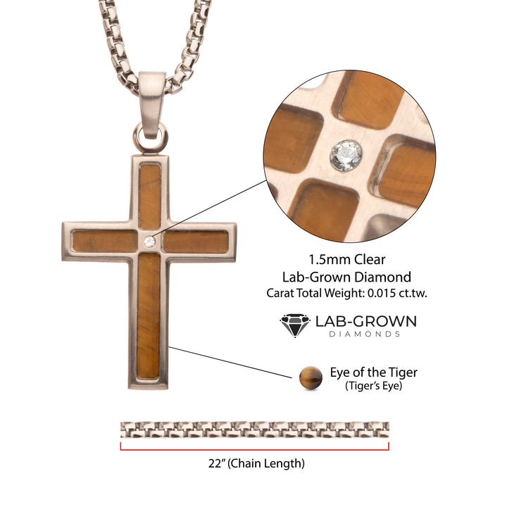 Matte Finish Stainless Steel Tiger Eye Stone Inlay with Lab-Grown Diamond Cross Pendant