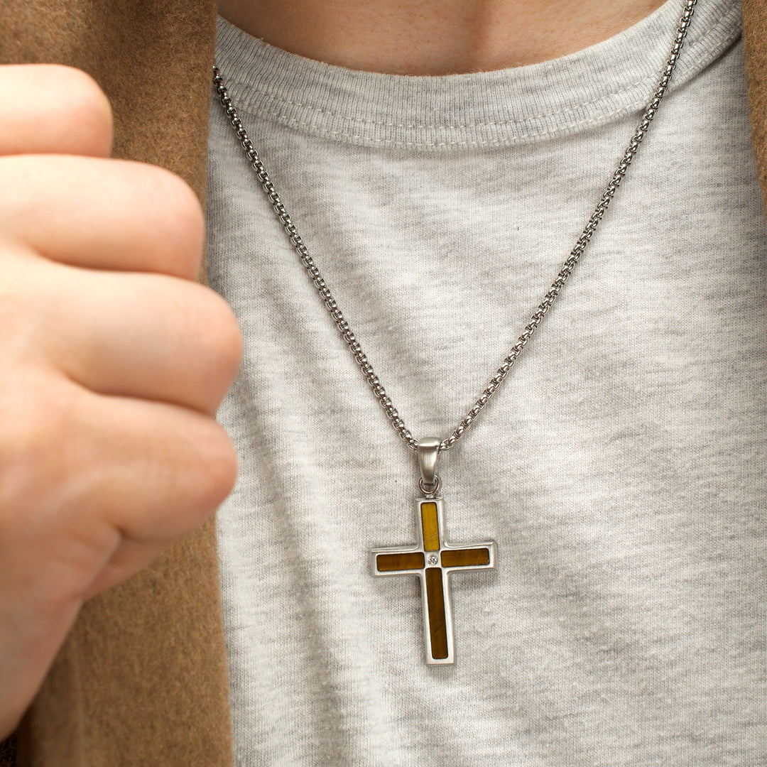 Matte Finish Stainless Steel Tiger Eye Stone Inlay with Lab-Grown Diamond Cross Pendant