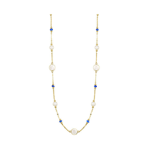 10Kt Yellow Gold & Pearl-Sapphire 2Ctw Necklace