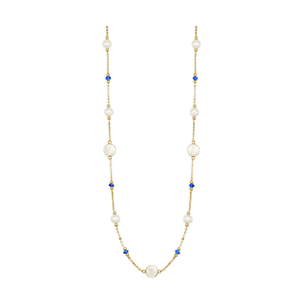 10Kt Yellow Gold & Pearl & Sapphire 2Ctw Necklace