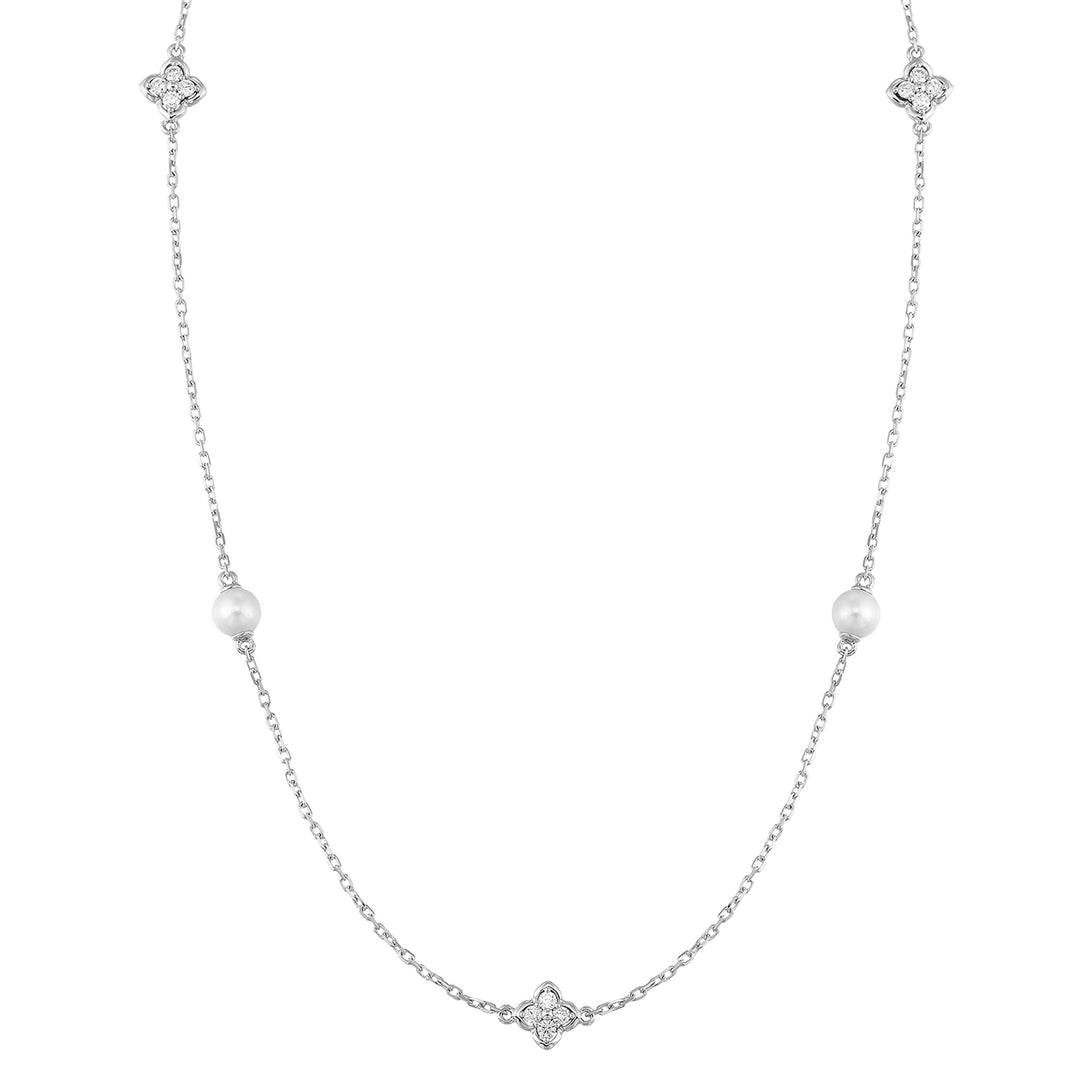 14Kt White Gold Diamond 1/6Ctw & Pearl Necklace