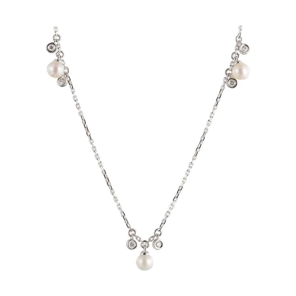 14Kt White Gold Diamond 1/7Ctw & Pearl Necklace