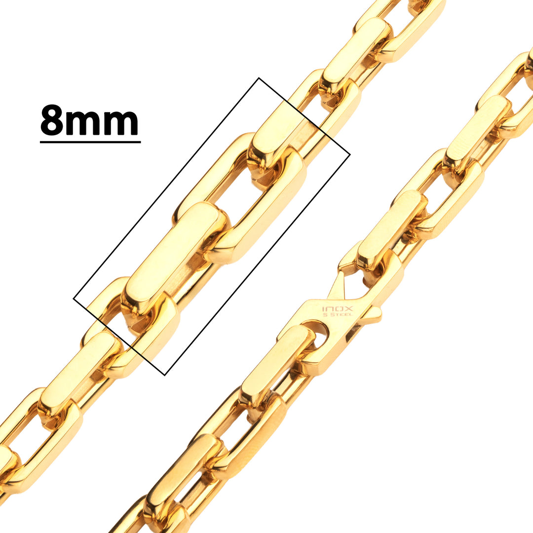 8mm Polished 18Kt Gold IP Steel Paperclip Chain Heavy Link Necklace