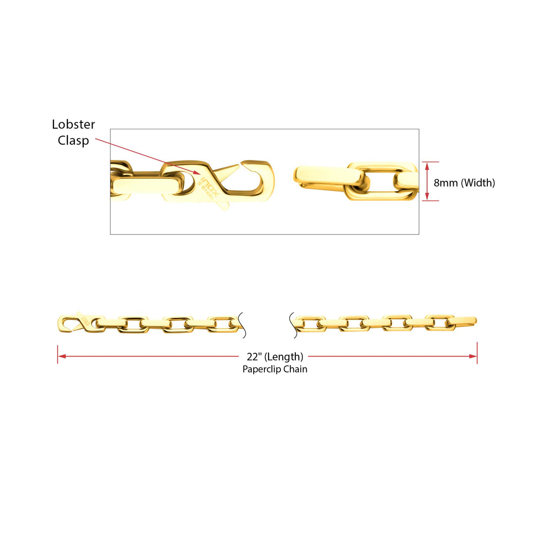 8mm Polished 18Kt Gold IP Steel Paperclip Chain Heavy Link Necklace