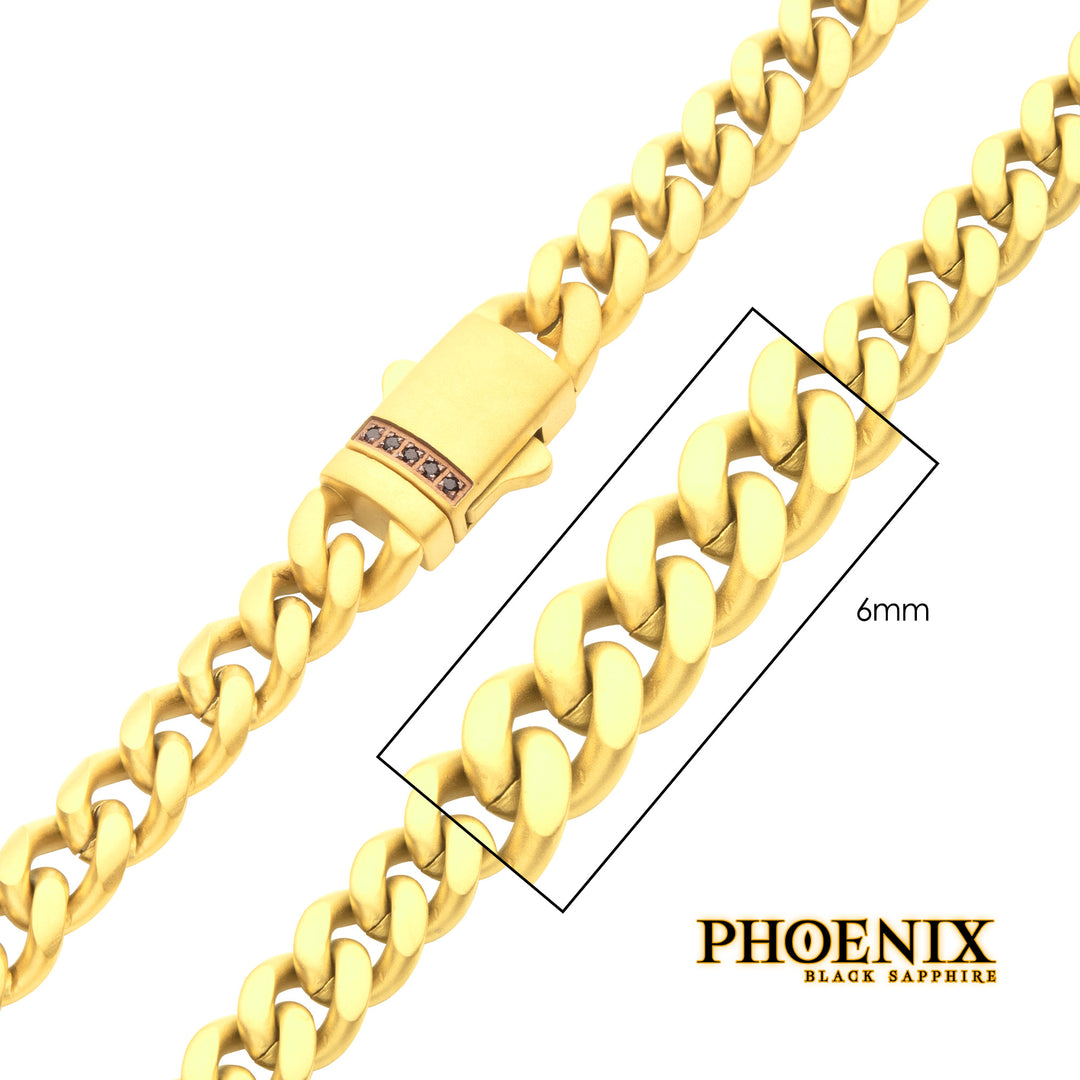 6mm 18Kt Gold IP Steel Matte Finish Miami Cuban Chain Necklace Genuine Black Sapphire