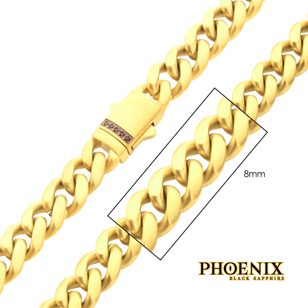 8mm 18Kt Gold IP Steel Matte Finish Miami Cuban Chain Necklace Genuine Black Sapphire