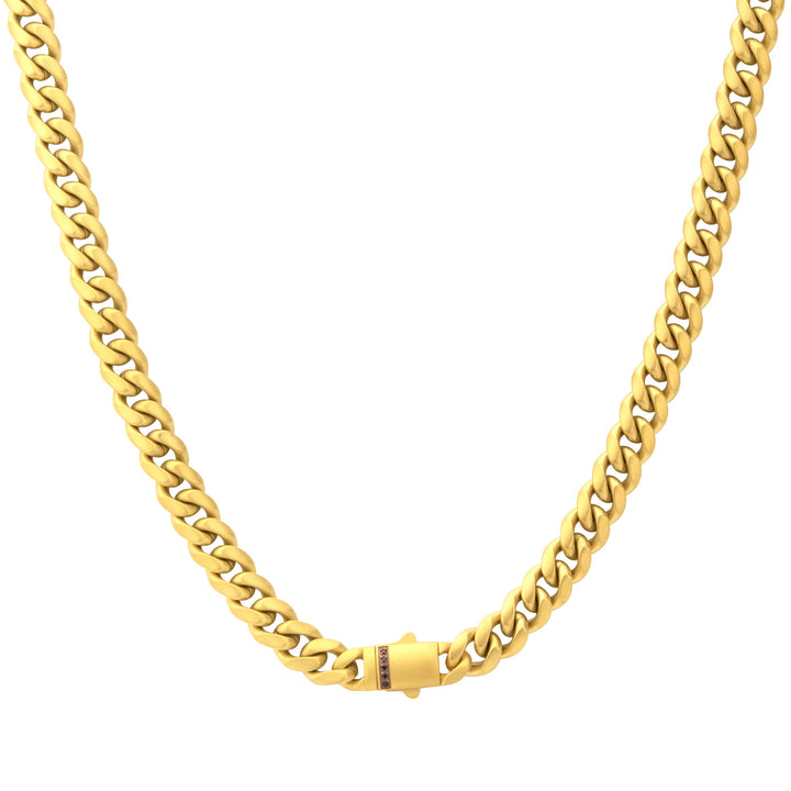 8mm 18Kt Gold IP Steel Matte Finish Miami Cuban Chain Necklace Genuine Black Sapphire