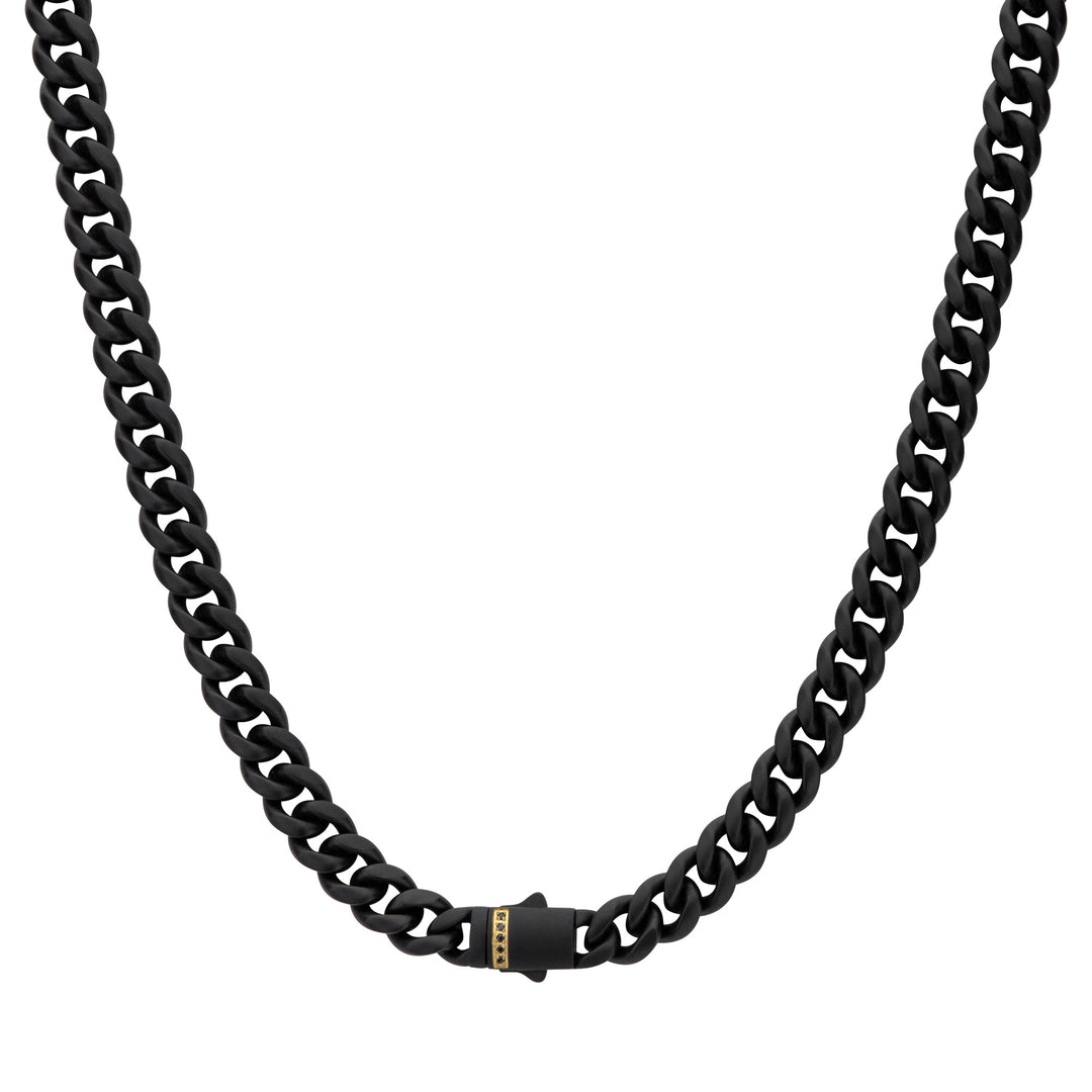 6mm Black IP Steel Matte Finish Miami Cuban Chain Necklace with Genuine Black Sapphire Gem