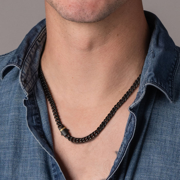 6mm Black IP Steel Matte Finish Miami Cuban Chain Necklace with Genuine Black Sapphire Gem