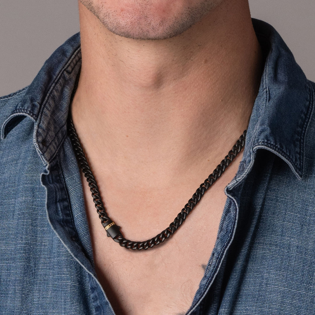 6mm Black IP Steel Matte Finish Miami Cuban Chain Necklace with Genuine Black Sapphire Gem