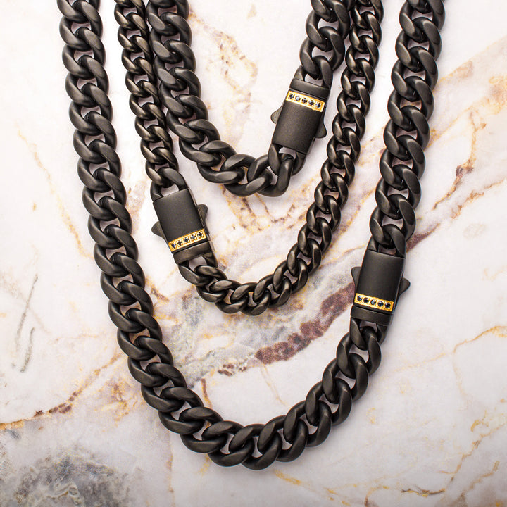 8mm Black IP Steel Matte Finish Miami Cuban Chain Necklace with Genuine Black Sapphire Gem