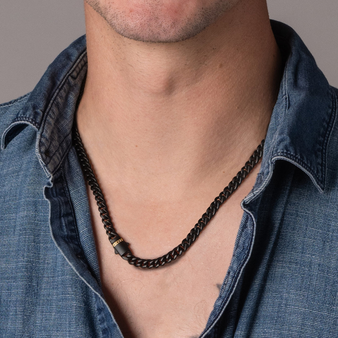 8mm Black IP Steel Matte Finish Miami Cuban Chain Necklace with Genuine Black Sapphire Gem