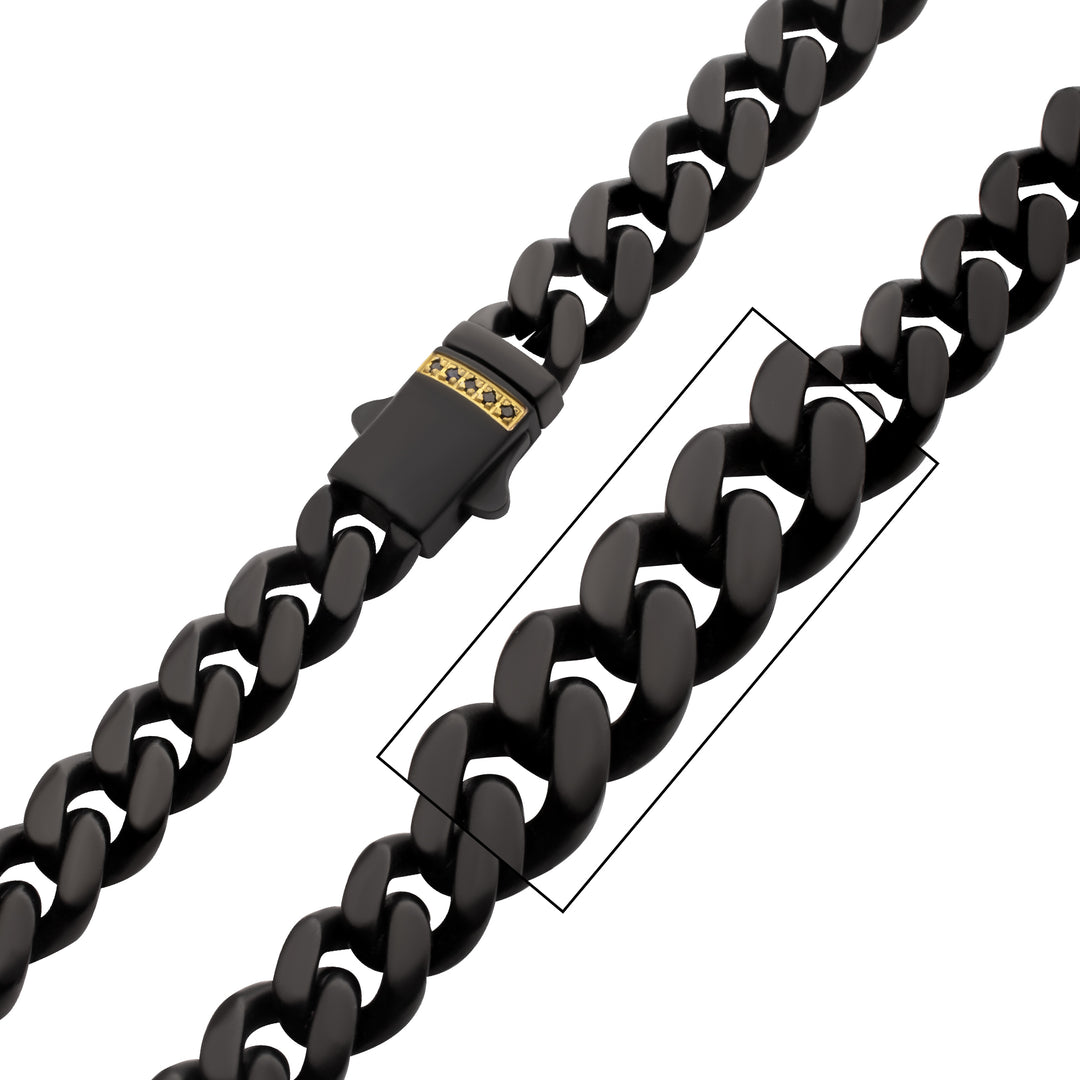 Black IP Steel Matte Finish Miami Cuban Chain Necklace with Genuine Black Sapphire Gem