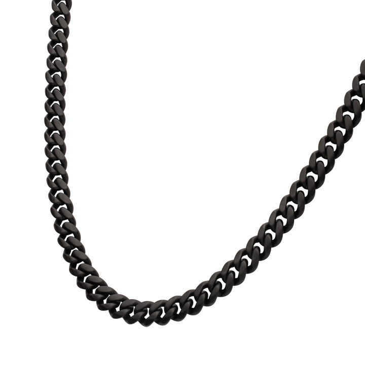 6mm Black IP Steel Matte Finish Miami Cuban Chain Necklace with Genuine Black Sapphire Gem