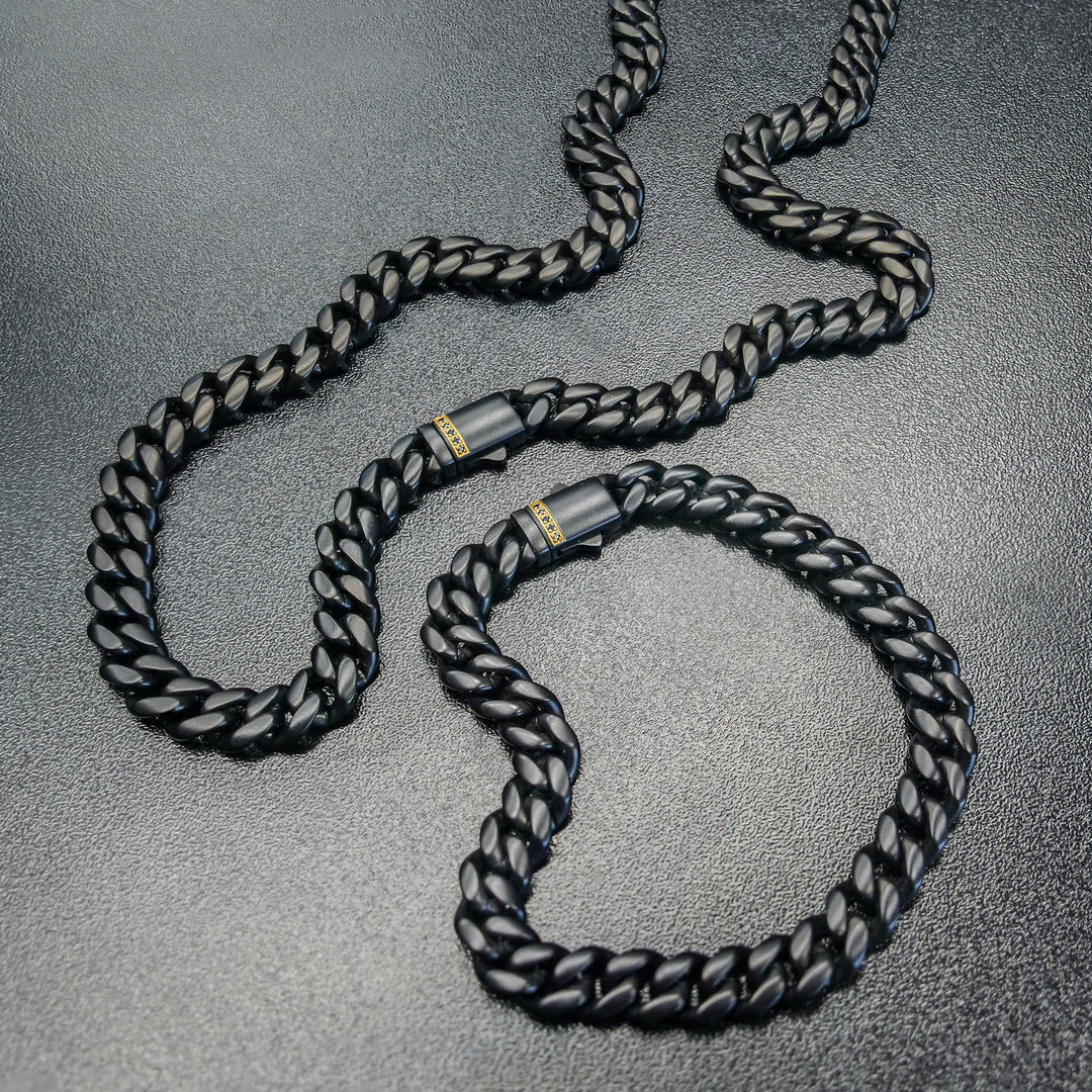 6mm Black IP Steel Matte Finish Miami Cuban Chain Necklace with Genuine Black Sapphire Gem