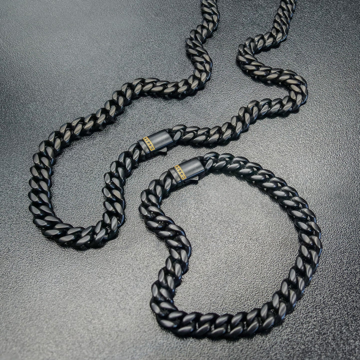 6mm Black IP Steel Matte Finish Miami Cuban Chain Necklace with Genuine Black Sapphire Gem