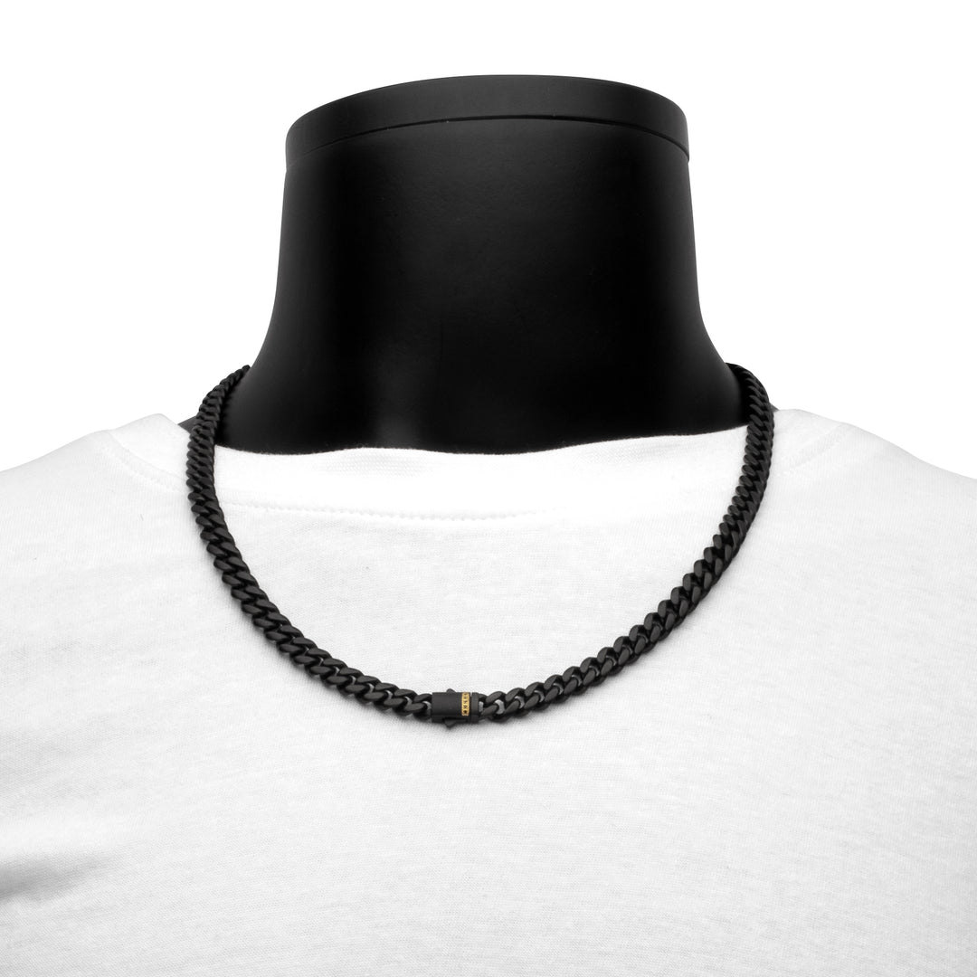 6mm Black IP Steel Matte Finish Miami Cuban Chain Necklace with Genuine Black Sapphire Gem
