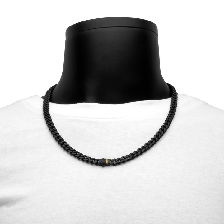 6mm Black IP Steel Matte Finish Miami Cuban Chain Necklace with Genuine Black Sapphire Gem