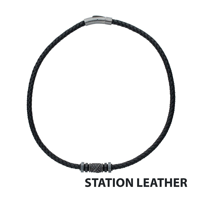 Black Full Grain Cowhide Leather Braided Necklace with Gun Metal Beads