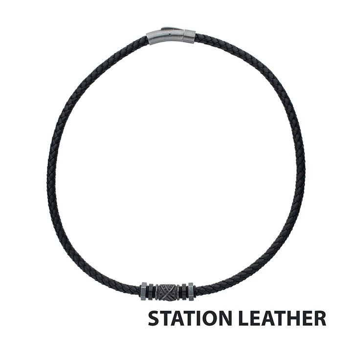 Black Full Grain Cowhide Leather Braided Necklace with Gun Metal Beads