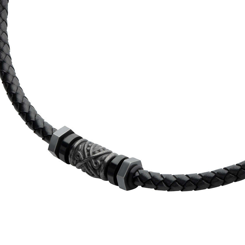 Black Full Grain Cowhide Leather Braided Necklace with Gun Metal Beads