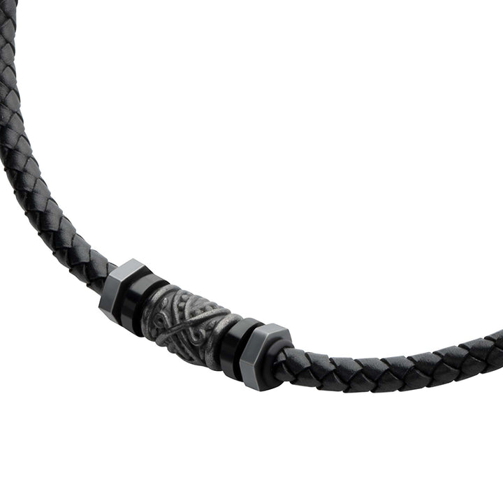 Black Full Grain Cowhide Leather Braided Necklace with Gun Metal Beads