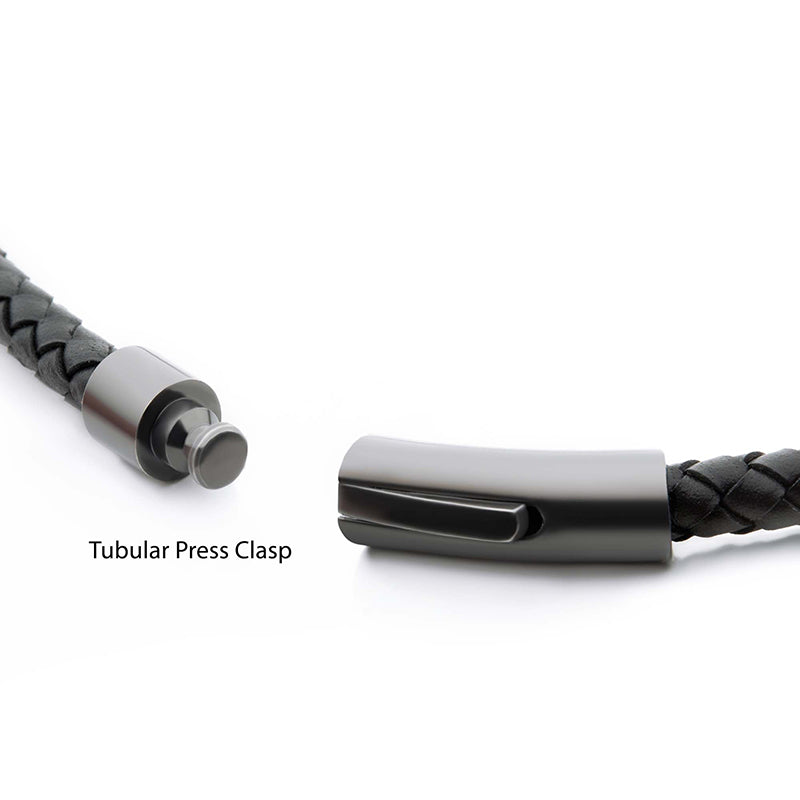 Black Full Grain Cowhide Leather Braided Necklace with Gun Metal Beads