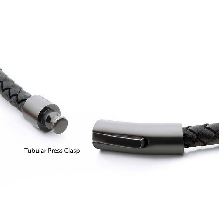 Black Full Grain Cowhide Leather Braided Necklace with Gun Metal Beads