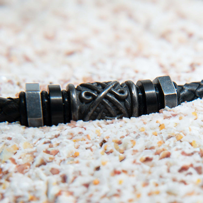 Black Full Grain Cowhide Leather Braided Necklace with Gun Metal Beads