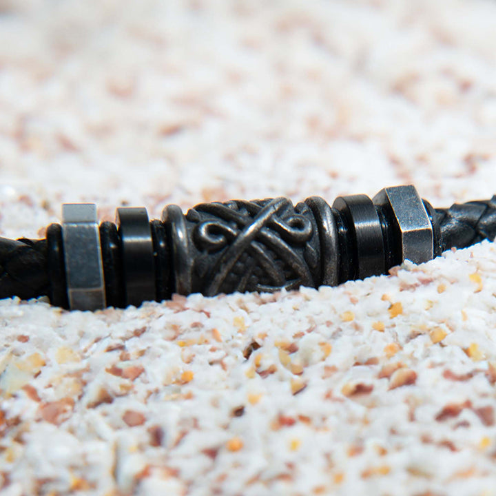 Black Full Grain Cowhide Leather Braided Necklace with Gun Metal Beads