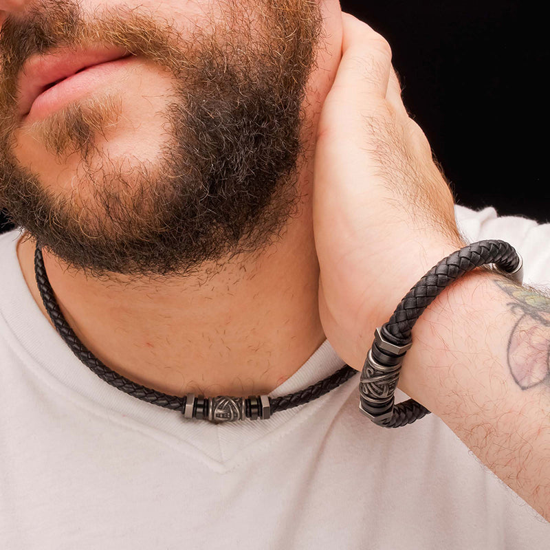Black Full Grain Cowhide Leather Braided Necklace with Gun Metal Beads