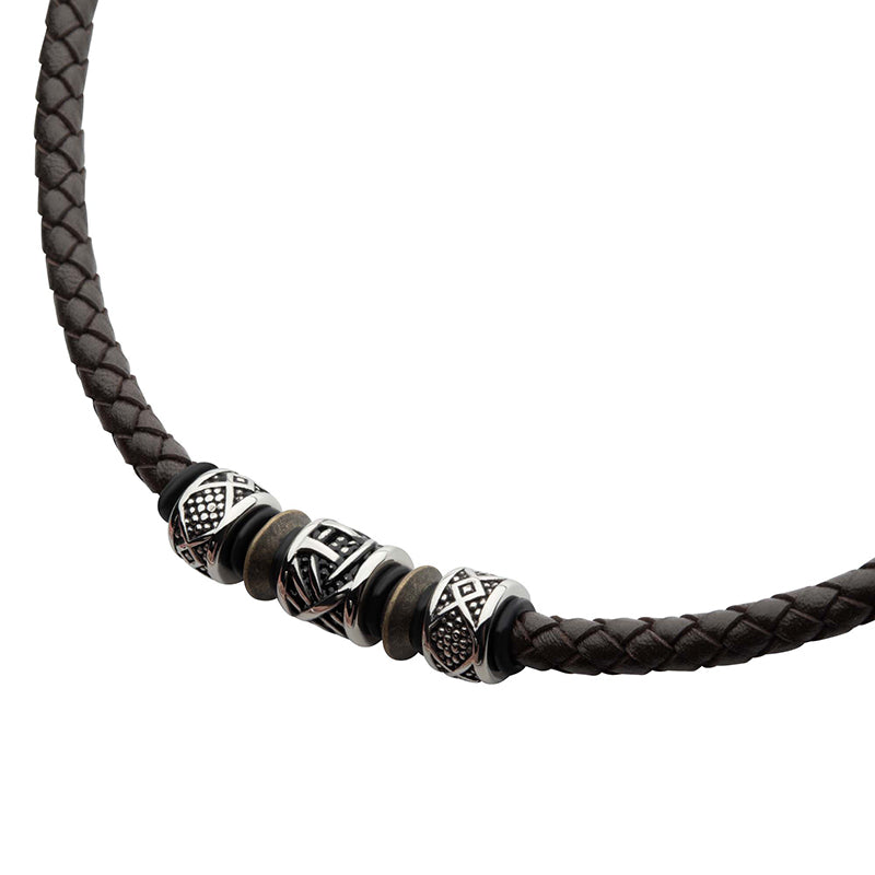 Brown Full Grain Cowhide Leather Braided Necklace with Antiqued Finish Beads