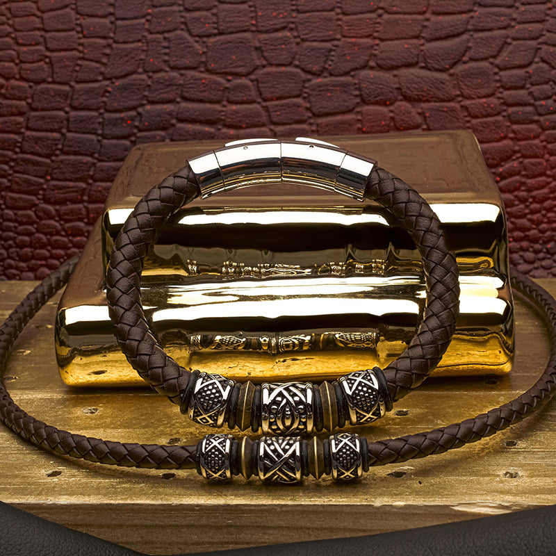 Brown Full Grain Cowhide Leather Braided Necklace with Antiqued Finish Beads