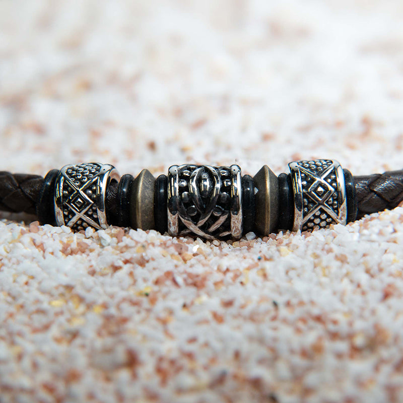 Brown Full Grain Cowhide Leather Braided Necklace with Antiqued Finish Beads