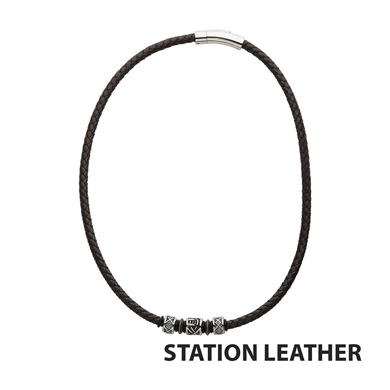 Brown Full Grain Cowhide Leather Braided Necklace with Antiqued Finish Beads