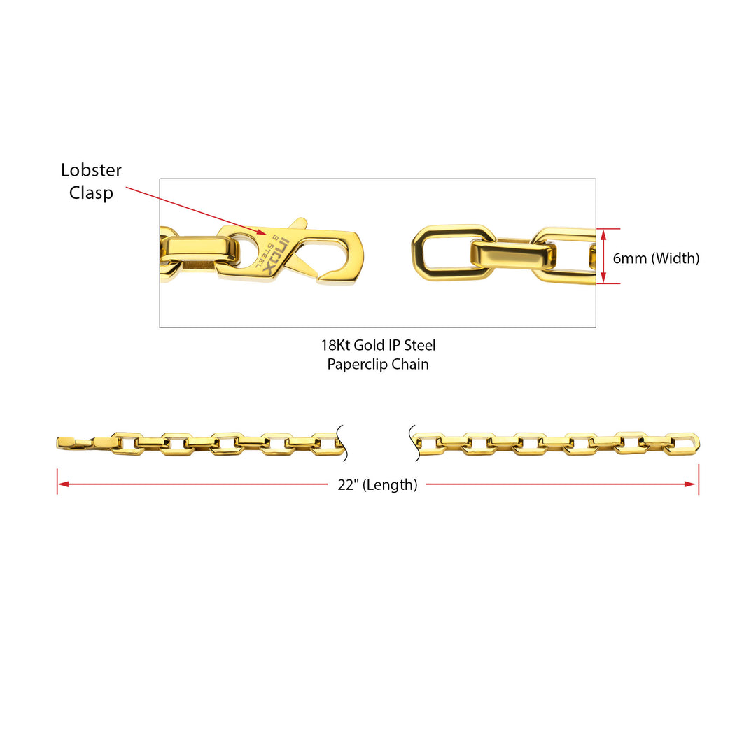 6mm Polished Finish 18Kt Gold IP Steel Paperclip Chain Necklace