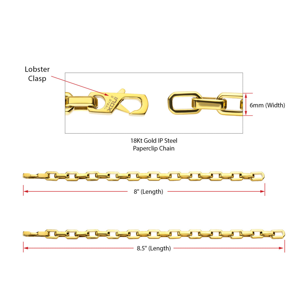 6mm Polished Finish 18Kt Gold IP Steel Paperclip Chain Bracelet
